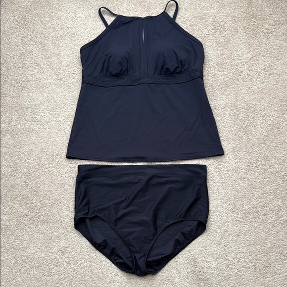 Lands' End Mock Neck High Waist Wireless Black Tankini & Bottom Swimsuit Set 18 - Picture 1 of 10